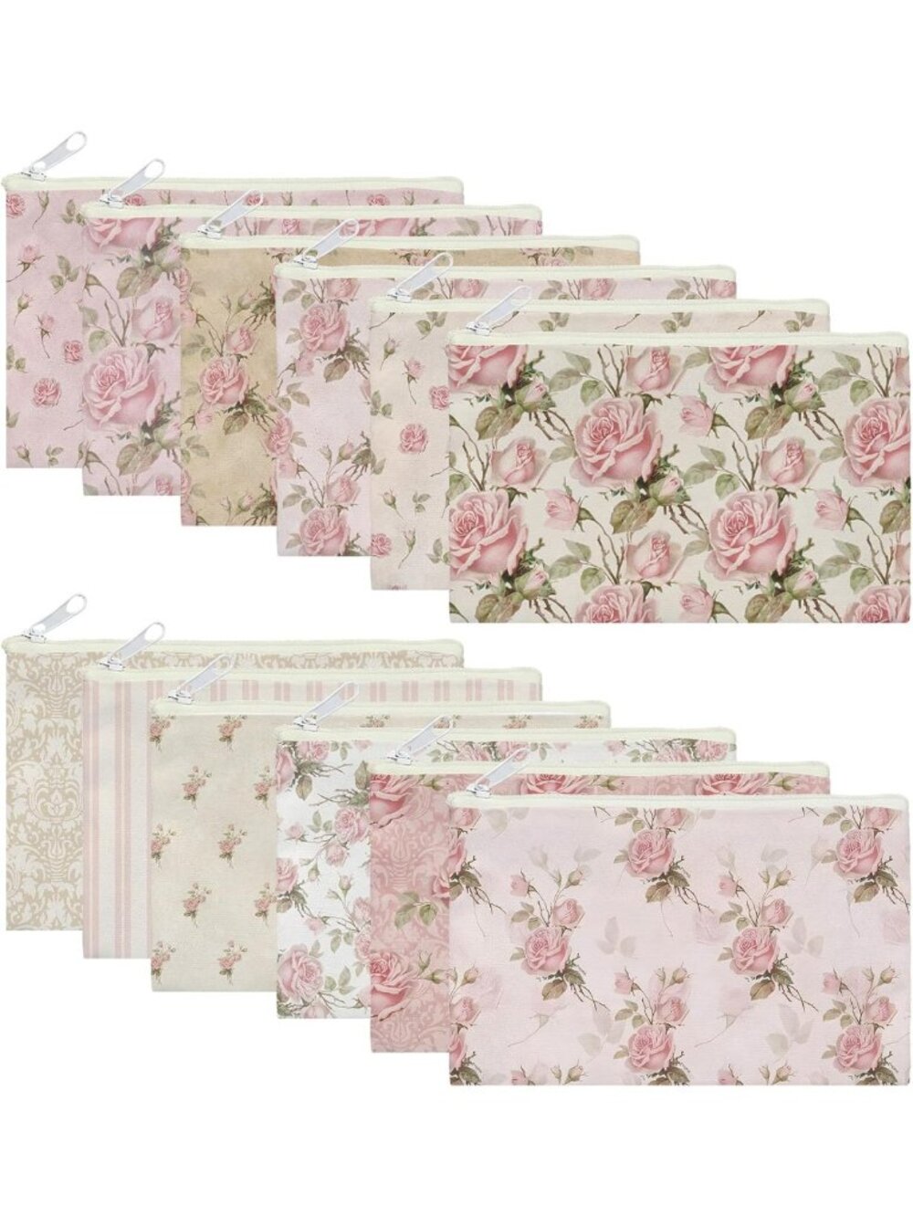 12 Pcs Retro Floral Makeup Bags Set - Pink Flower Cosmetic Organizers for Women